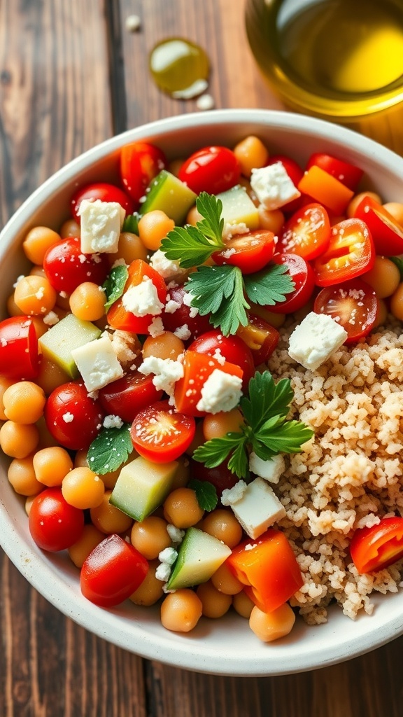 Easy Healthy Dinner Recipes for Two A vibrant Mediterranean chickpea veggie bowl with tomatoes, cucumbers, bell peppers, quinoa, and feta cheese.